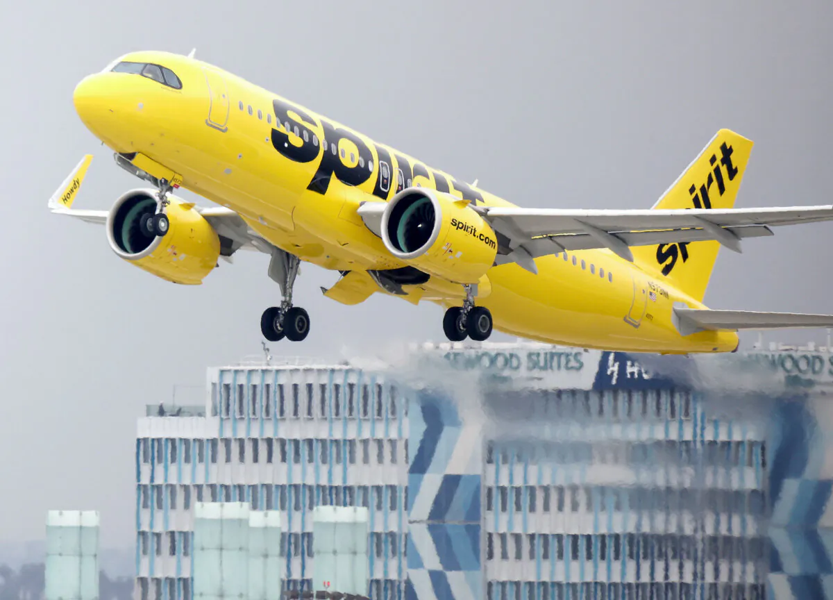 A Spirit Airlines plane takes off at Los Angeles International Airport on June 1, 2023. (Mario Tama/Getty Images)