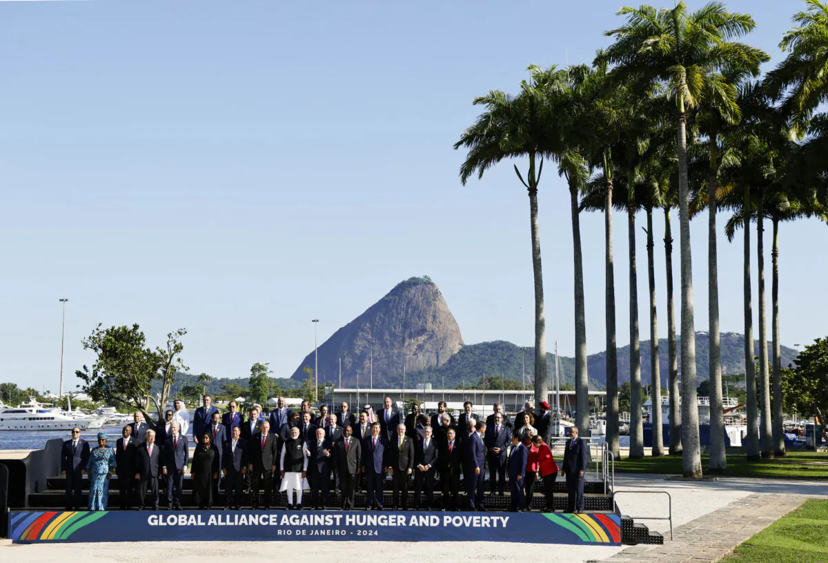 Leaders attending the launch of the Global Alliance Against Hunger and Poverty pose for a group photo after the first session of the G20 Leaders' Meeting in Rio de Janeiro, Brazil, on Nov. 18, 2024. (Ludovic Marin/AFP via Getty Images)