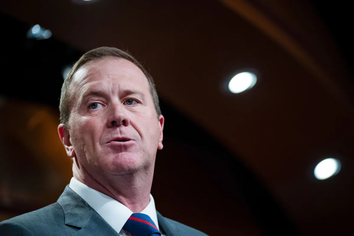 Sen. Eric Schmitt (R-Mo.) speaks during a news conference with Republican Senators about border security issues at the U.S. Capitol in Washington on Jan. 24, 2024. (Drew Angerer/Getty Images)