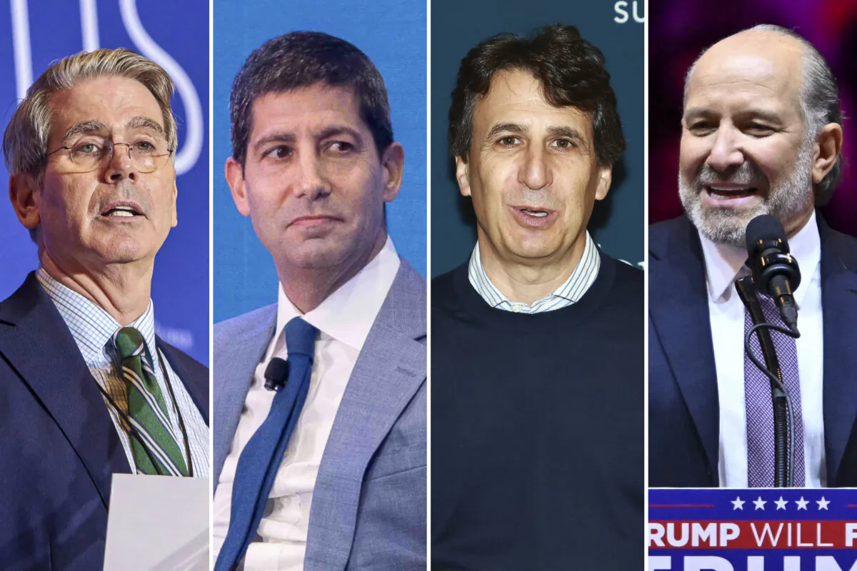 (L-R) Scott Bessent at the National Conservative Conference in Washington on July 10, 2024; Kevin Warsh at The Semafor 2024 World Economy Summit in Washington on April 18, 2024; Marc Rowan at the 2022 Forbes Iconoclast Summit at New York Historical Society in New York City on Nov. 3, 2022; Howard Lutnick at a rally for Donald Trump at Madison Square Garden in New York on Oct. 27, 2024. (Dominic Gwinn/Middle East Images/AFP via Getty Images; Tasos Katopodis/Getty Images for Semafor; Arturo Holmes/Getty Images; Angela Weiss/AFP via Getty Images)