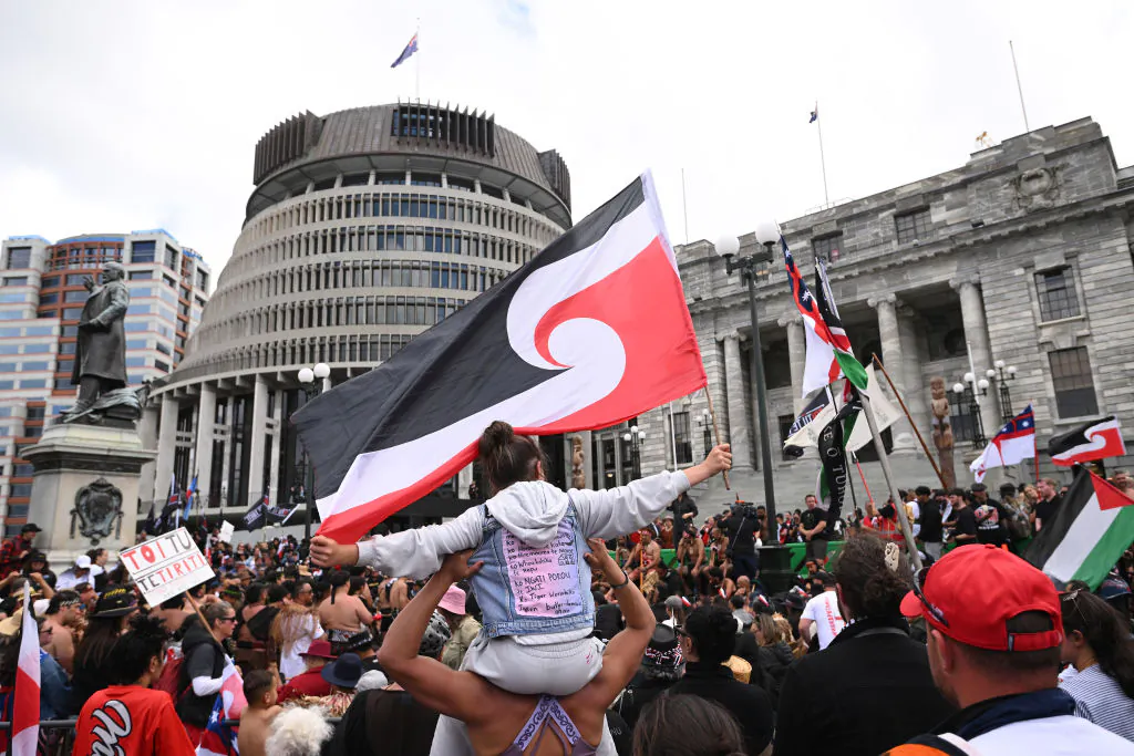 Maori hikoi members congregate at Parliament in Wellington, New Zealand on Nov. 19, 2024. (Joe Allison/Getty Images)
