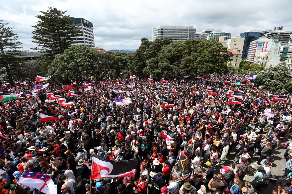 Tens of thousands of Maori community members and supporters gather after a nine-day "hikoi" [march] to Parliament in Wellington, New Zealand on Nov. 19, 2024. (Hagen Hopkins/Getty Images)