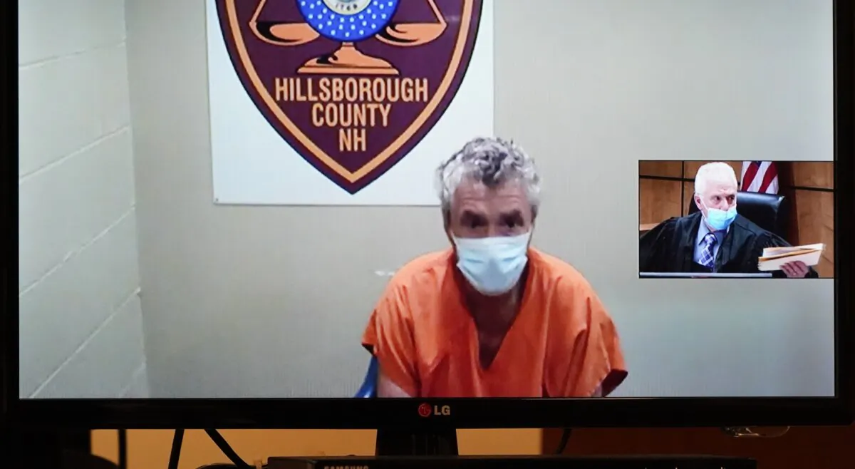 Bradley Asbury is arraigned via video as Judge William Lyons presides, (R), at Manchester, N.H., on April 8, 2021. (Elise Amendola/Pool/AP Photo)