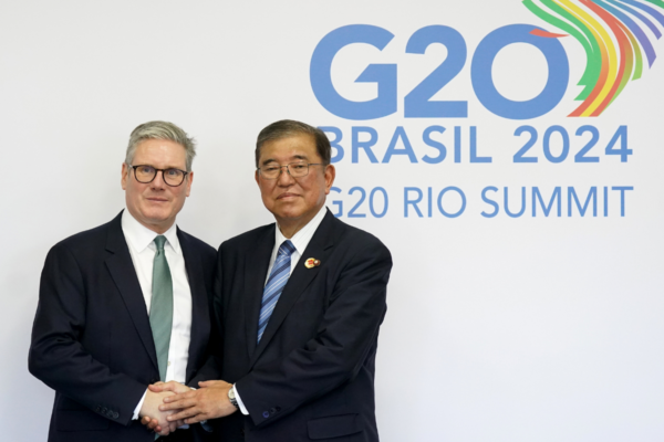 Prime Minister Sir Keir Starmer (L) during a bilateral meeting with Prime Minister Shigeru Ishiba (R) of Japan at the G20 summit at the Museum of Modern Art in Rio de Janeiro, Brazil, on Nov. 18, 2024. (Stefan Rousseau/PA Wire)