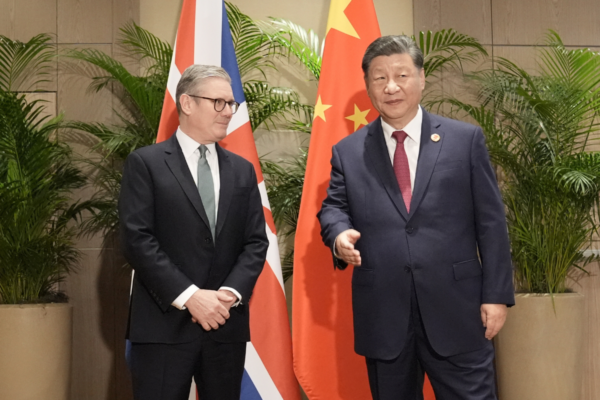 Prime Minister Sir Keir Starmer (L) during a bilateral meeting with Chinese Communist regime leader Xi Jinping (R) at the Sheraton Hotel as he attends the G20 summit in Rio de Janeiro, Brazil, on Nov. 18, 2024. (Stefan Rousseau/PA Wire)
