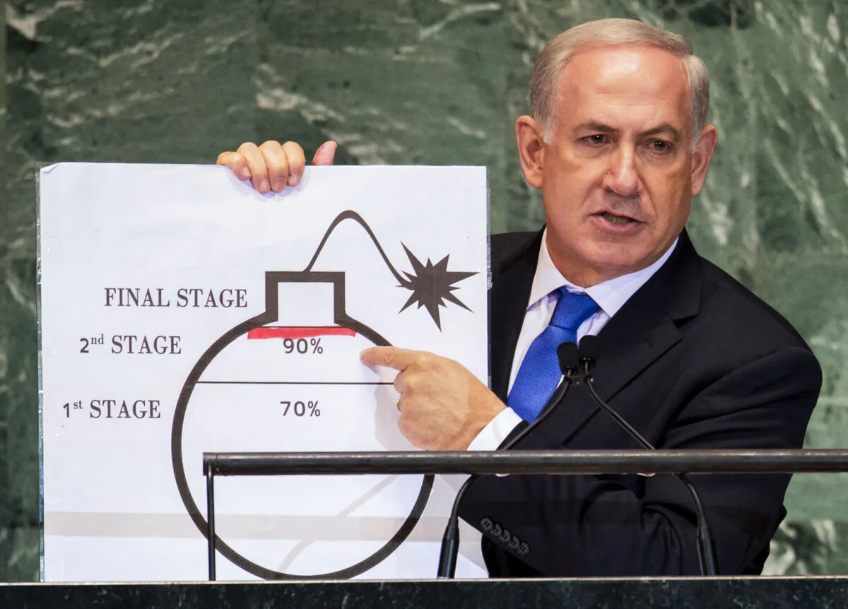 Israeli Prime Minister Benjamin Netanyahu uses a diagram of a bomb to describe Iran's nuclear program while delivering his address to the 67th U.N. General Assembly meeting at the United Nations in New York City on Sept. 27, 2012. (Don Emmert/AFP via Getty Images)