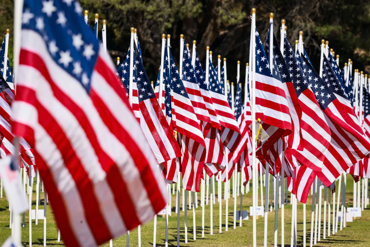 American flags on display to honor U.S. military veterans in Handy Park, in Orange, Calif., on Nov. 11, 2024. (John Fredricks/The Epoch Times)