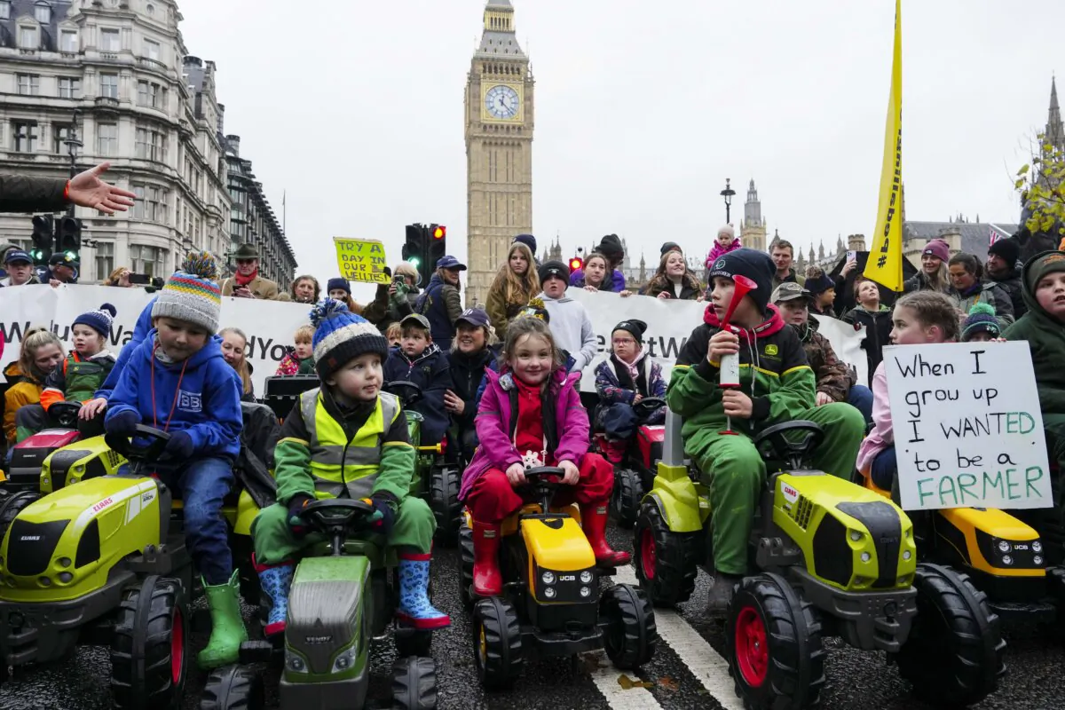 Children ride toy tractors in Parliament Square as demonstrators attend a farmers rally in London, England, on Nov. 19, 2024. (Carl Court/Getty Images)
