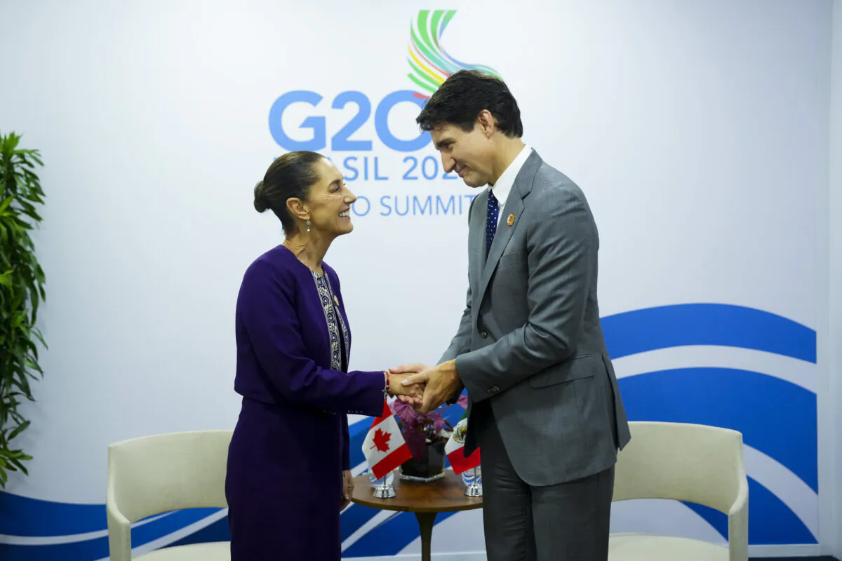 Prime Minister Justin Trudeau takes part in a meeting with Mexico's President Claudia Sheinbaum at the G20 Summit in Rio de Janeiro, Brazil, on Nov. 18, 2024. (The Canadian Press/Sean Kilpatrick)