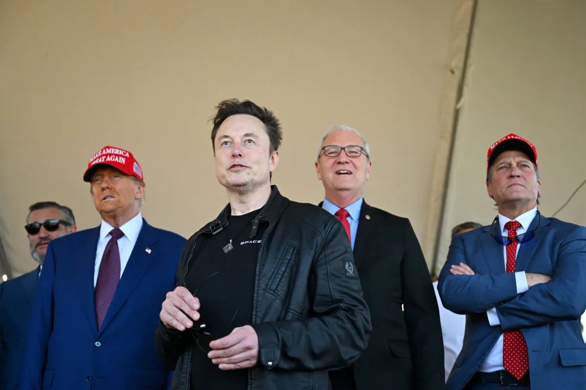 President-elect Donald Trump speaks alongside Elon Musk (C) and Senate members including (L-R) Sen. Ted Cruz (R-Texas), Sen. Kevin Cramer (R-N.D.) and Rep. Ronny Jackson (R-Texas) before attending a viewing of the launch of the sixth test flight of the SpaceX Starship rocket in Brownsville, Texas, on Nov. 19, 2024. (Brandon Bell/Getty Images)