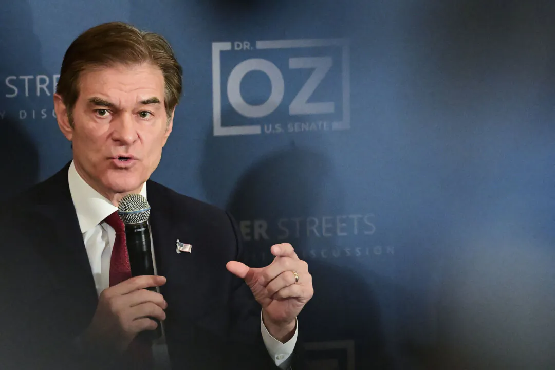 Republican Pennsylvania Senate nominee Dr. Mehmet Oz speaks at an event with Nikki Haley in Harrisburg, Pennsylvania, on Oct. 26, 2022. (Mark Makela/Getty Images)