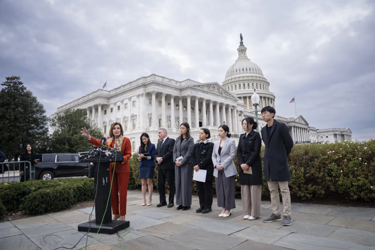 Rep. Nancy Pelosi (D-Calif.) speaks during a press conference about Hong Kong at House Triangle on Capitol Hill in Washington on Nov. 19, 2024. (Madalina Vasiliu/The Epoch Times)