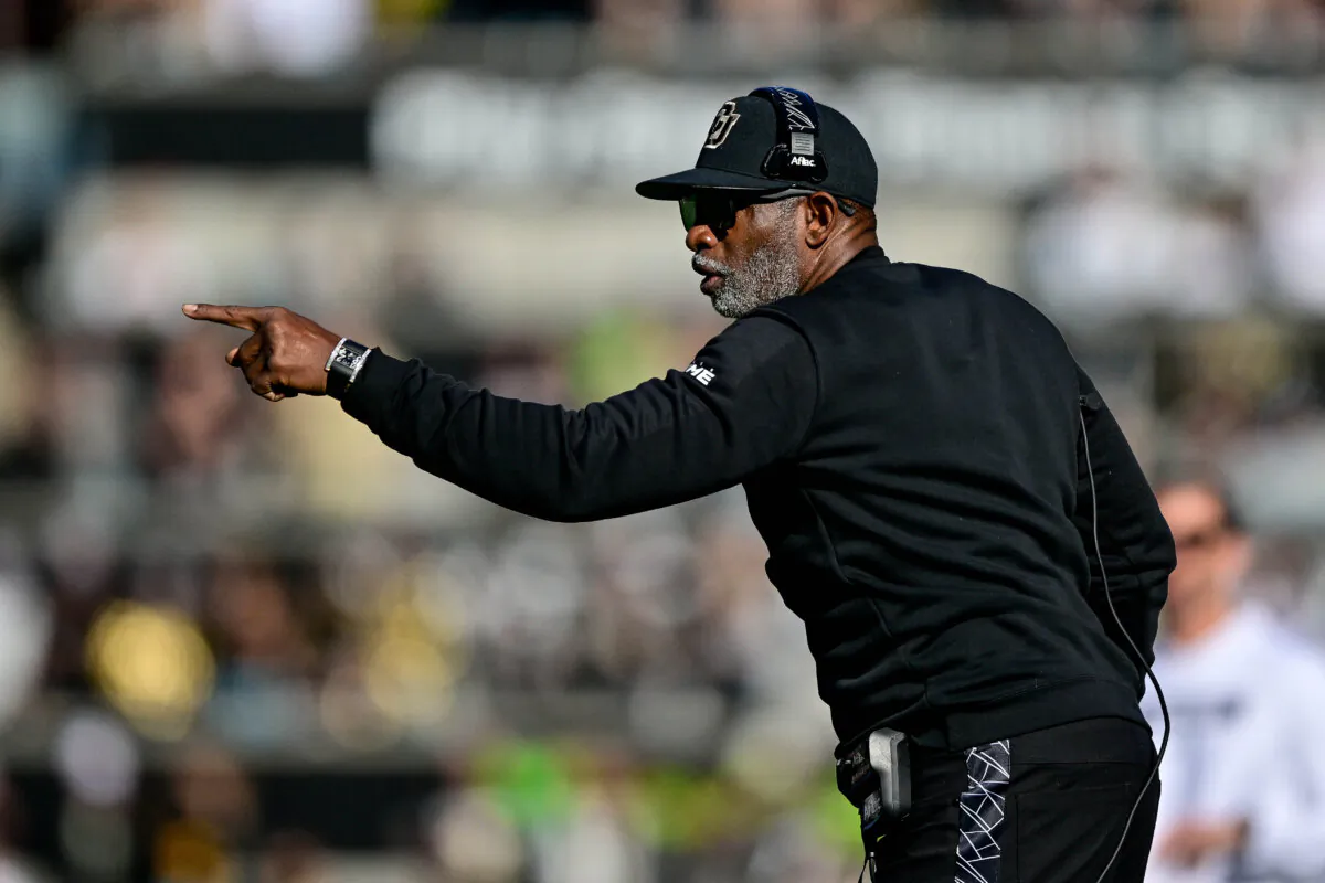 Head coach Deion Sanders of the Colorado Buffaloes directs his team during a game against the Utah Utes at Folsom Field on Nov. 16 in Boulder, Colo. (Dustin Bradford/Getty Images)