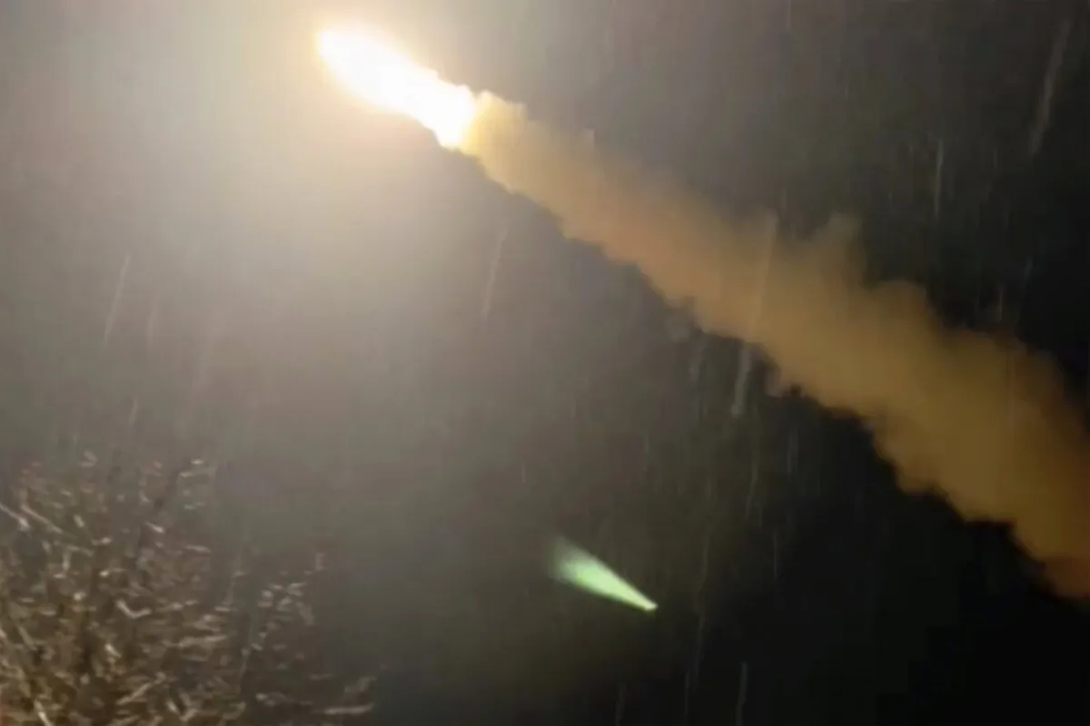 This image was made from a video posted by a Telegram channel affiliated with the Ukrainian military on Nov. 19, 2024. The channel says it shows a U.S.-supplied ATACMS missile being fired from an undisclosed location in Ukraine. The Associated Press cannot independently verify the date and location the video was filmed. (Lachen Pyshe Telegram via AP)