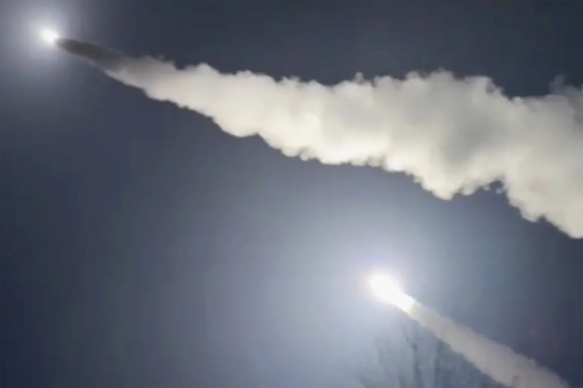 This image was made from a video posted by a Telegram channel affiliated with the Ukrainian military on Nov. 19, 2024. The channel says it shows U.S.-supplied ATACMS missiles being fired from an undisclosed location in Ukraine. The Associated Press cannot independently verify the date and location the video was filmed. (Lachen Pyshe Telegram via AP)