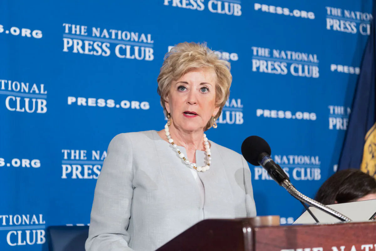 Linda McMahon, the 25th Administrator of the U.S. Small Business Administration, discusses the state of America’s small businesses at a National Press Club headliners luncheon, on May 17. (Noel St. John/The National Press Club)