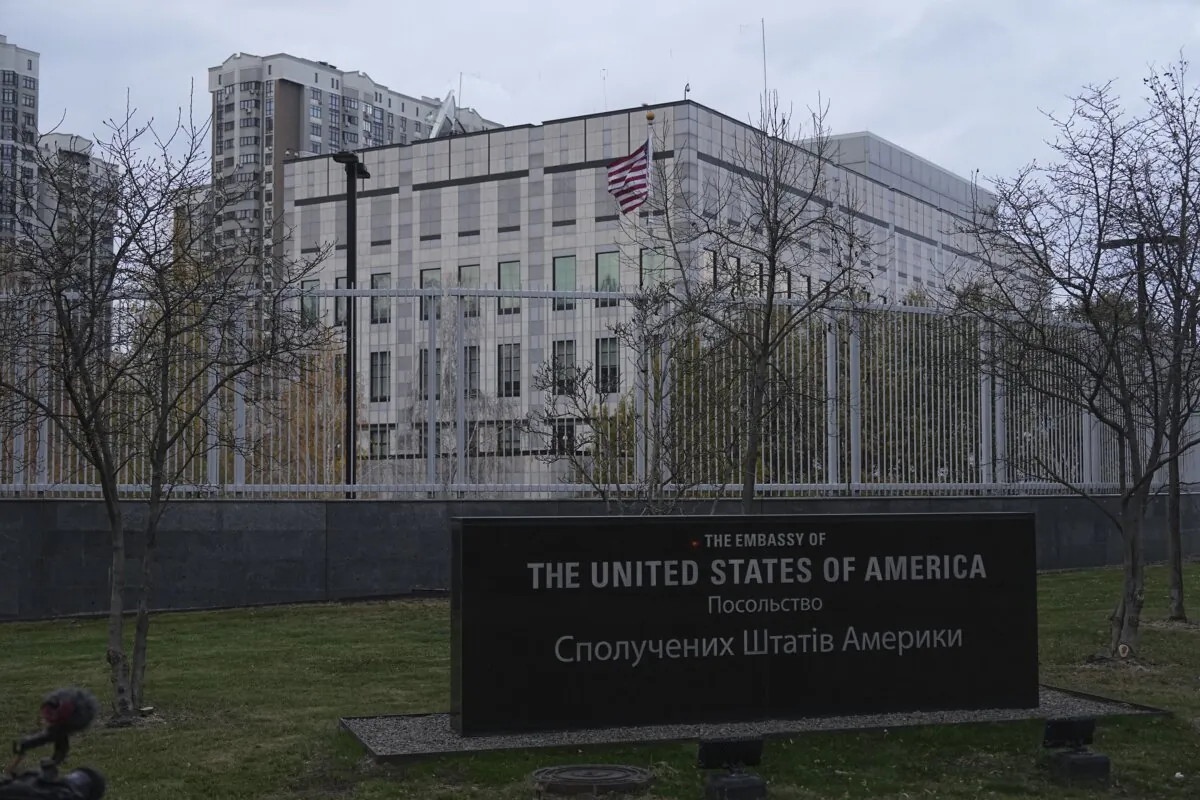 American flag waves in front of the U.S. Embassy in Kyiv, Ukraine, on Nov. 20, 2024. (The Canadian Press/AP-Efrem Lukatsky)