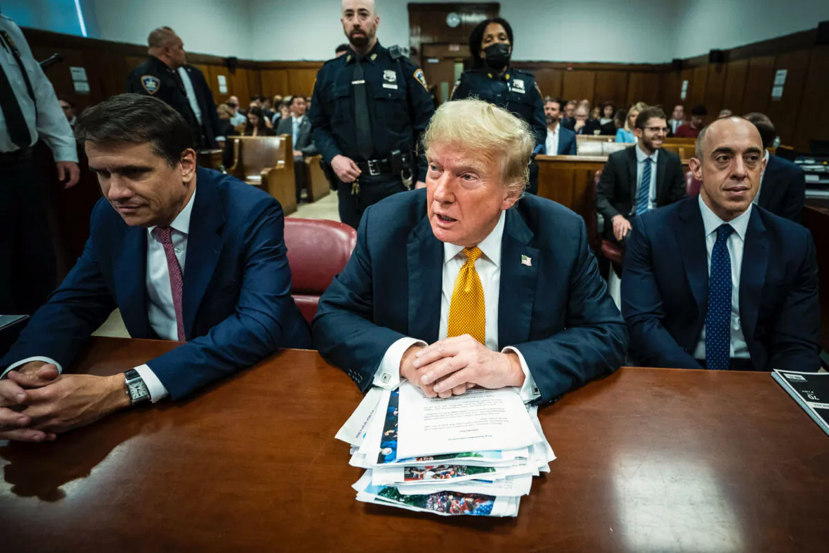 Former President Donald Trump with attorneys Todd Blanche and Emil Bove at the Manhattan Criminal Courthouse on May 29, 2024. (Jabin Botsford-Pool/Getty Images)