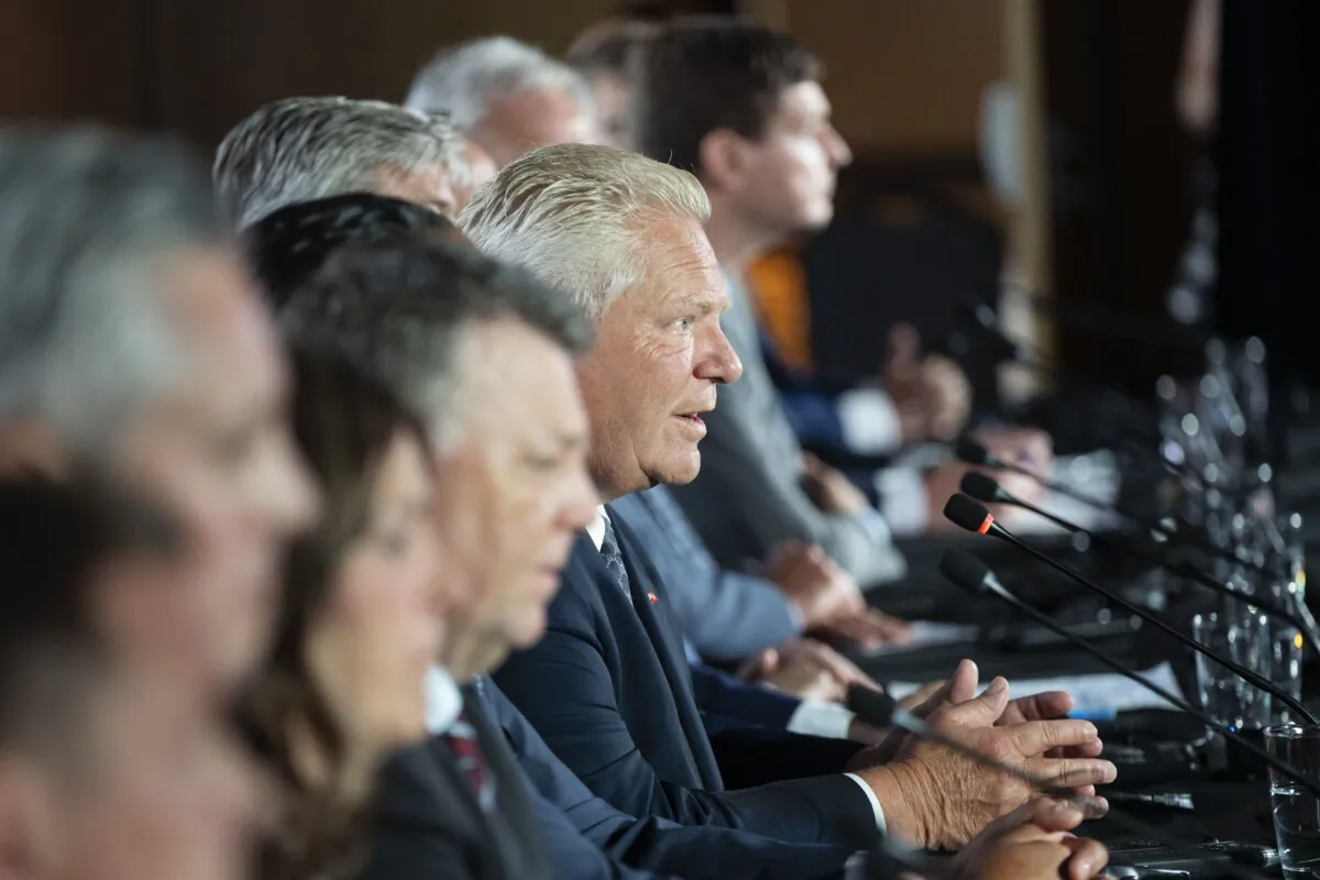 Ontario Premier Doug Ford speaks to reporters as Canada's premiers hold a press conference to close the Council of the Federation meetings in Halifax on July 17, 2024. (The Canadian Press/Darren Calabrese)
