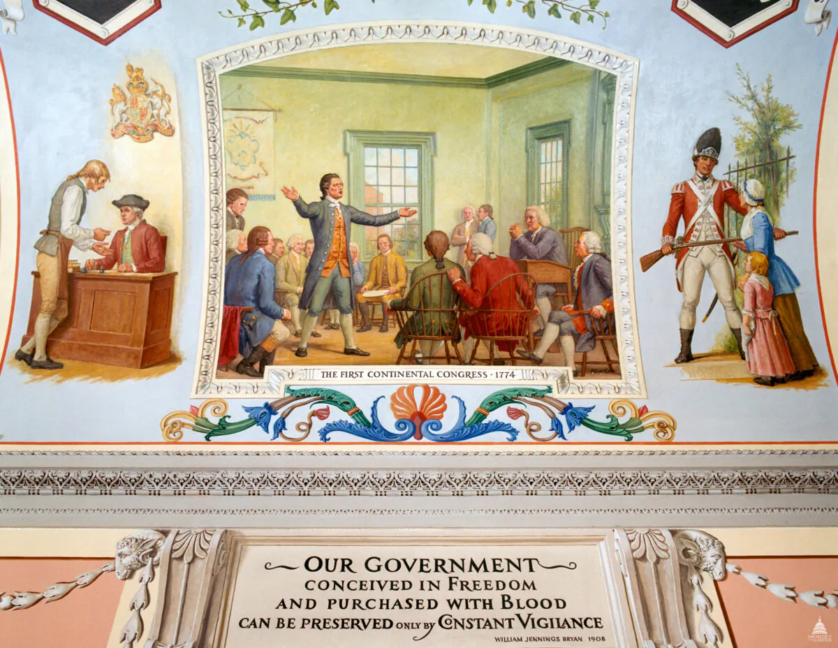 Mural in oil on canvas showing the delegates from 12 of the 13 colonies that would ultimately join in the American Revolutionary War, met on Sept. 5, 1774 at Carpenter's Hall in Philadelphia to discuss responses to increased British oppression. (Public Domain)