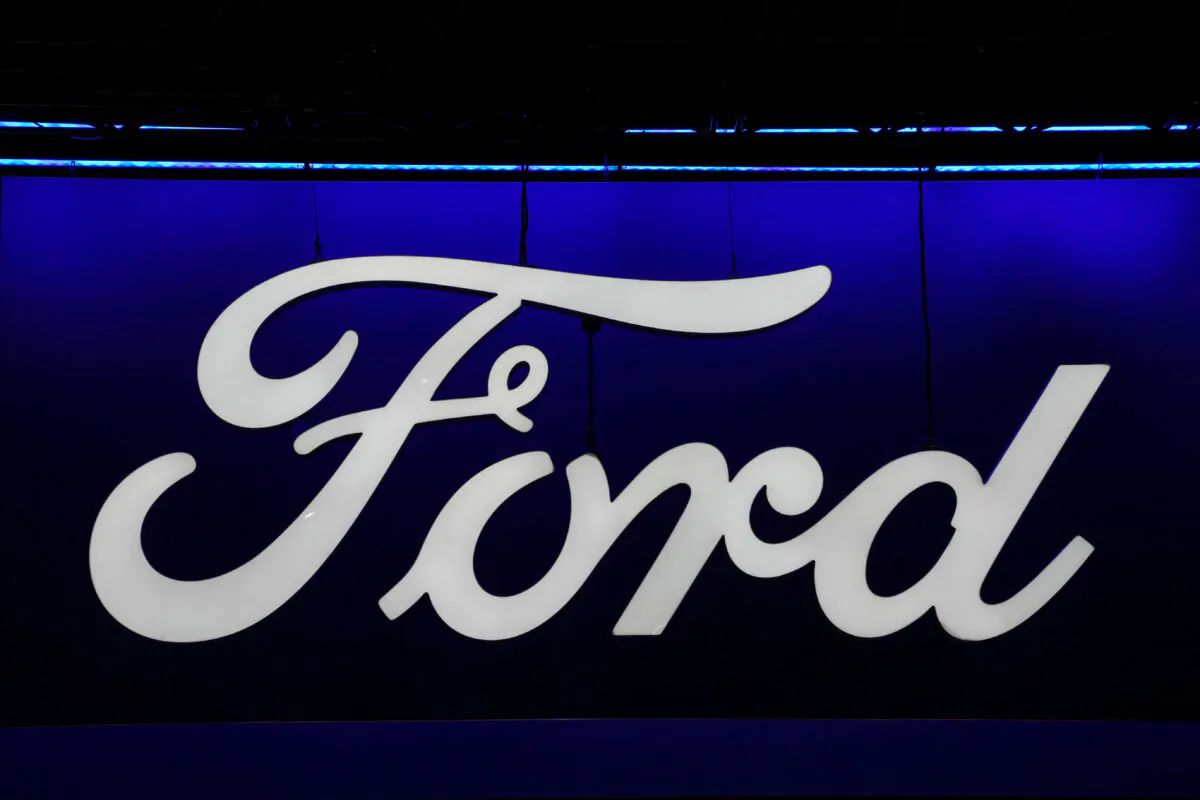 A Ford logo at the New York International Auto Show Press Preview in Manhattan, New York City, on March 27, 2024. (David Dee Delgado/Reuters)
