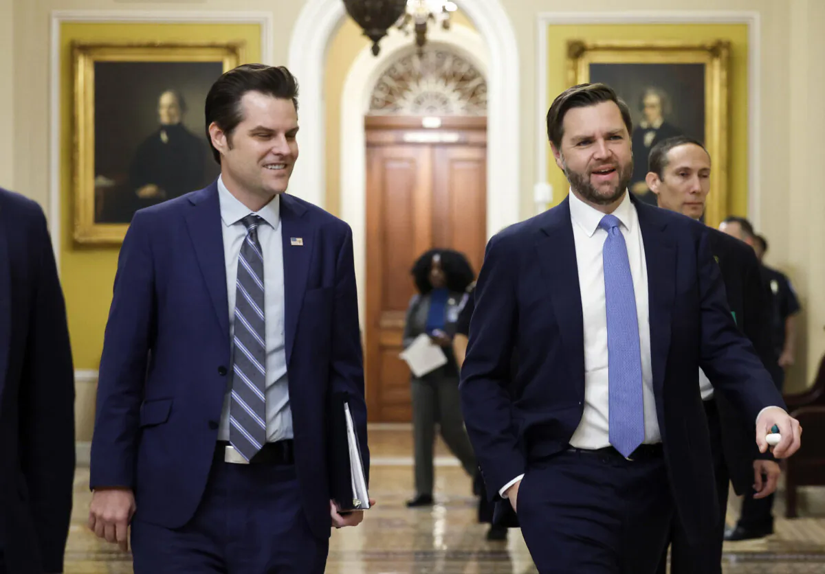 Former Rep. Matt Gaetz (R-Fla.), President-elect Donald Trump's nominee for attorney general, walks alongside Vice President-elect JD Vance as they arrive for meetings with senators at the U.S. Capitol on Nov. 20, 2024. (Kevin Dietsch/Getty Images)