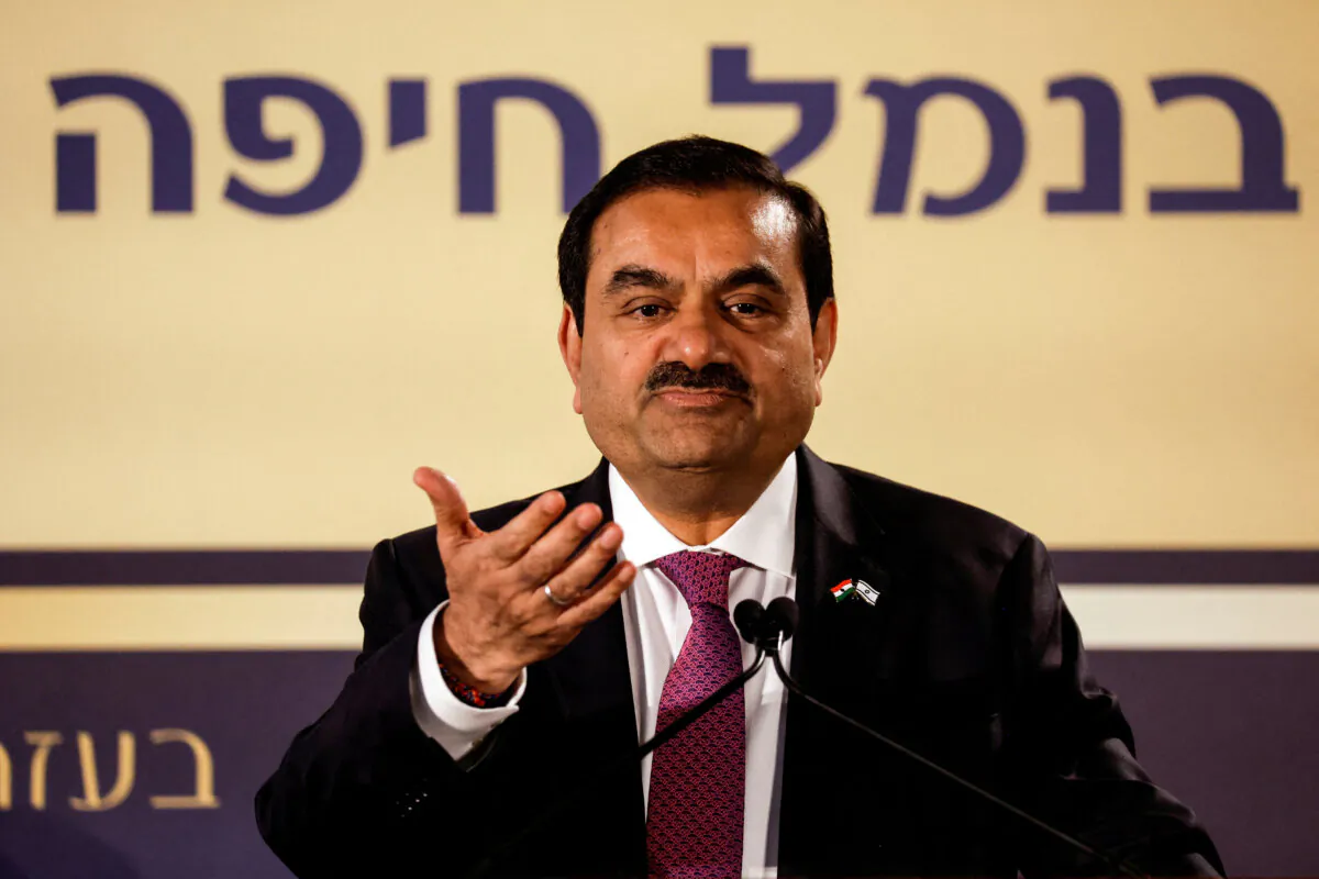 Indian billionaire Gautam Adani speaks during an inauguration ceremony after the Adani Group completed the purchase of Haifa Port earlier in January 2023, in Haifa port, Israel, on Jan. 31, 2023. (Amir Cohen/Reuters)