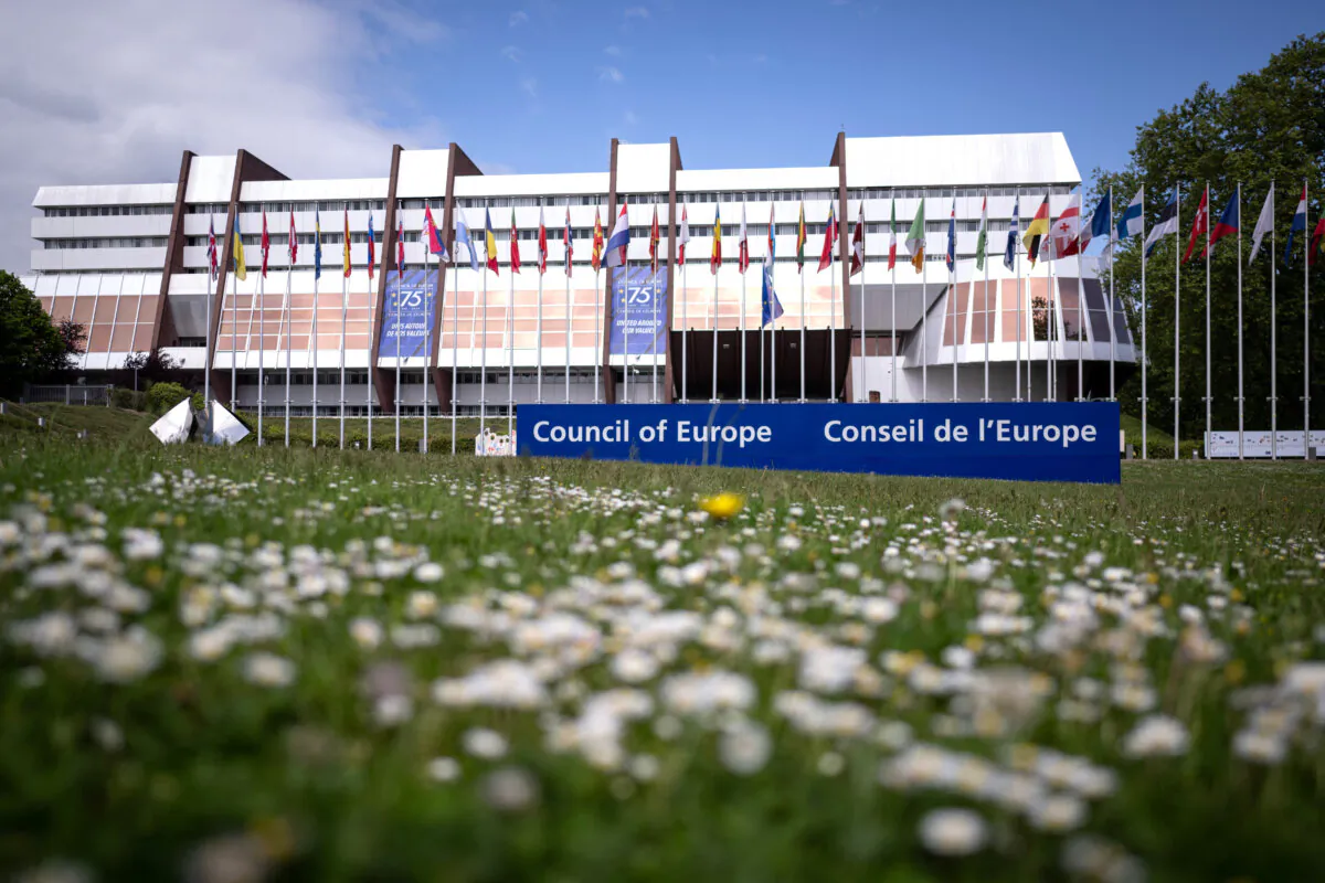 The Council of Europe building, with posters promoting the 75th anniversary of the institution, in Strasbourg, France, on May 8, 2024. (Sebastien Bozon/AFP via Getty Images)