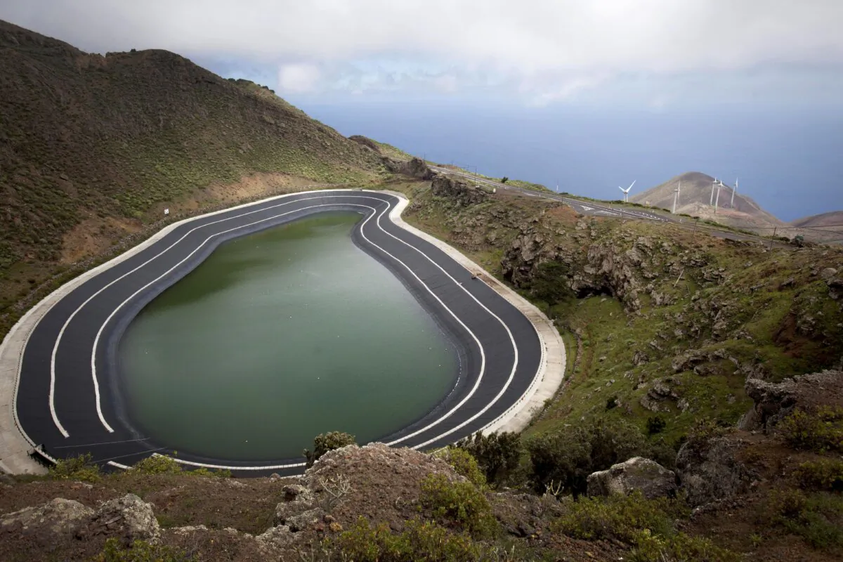 The reservoir of the Gorona wind-hydro-pumped station in El Hierro, Spain, on March 14, 2016. (Desiree Martin/AFP via Getty Images)