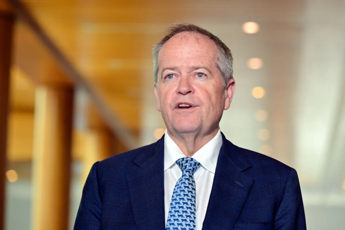 Minister for Government Services and the NDIS Bill Shorten at a press conference at Parliament House in Canberra, Australia on Feb. 12, 2024. (AAP Image/Mick Tsikas)