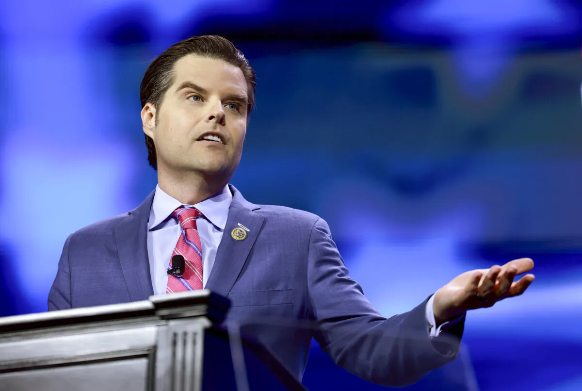Rep. Matt Gaetz (R-Fla.) speaks during a conference in West Palm Beach, Fla., on July 15, 2023. (Joe Raedle/Getty Images)