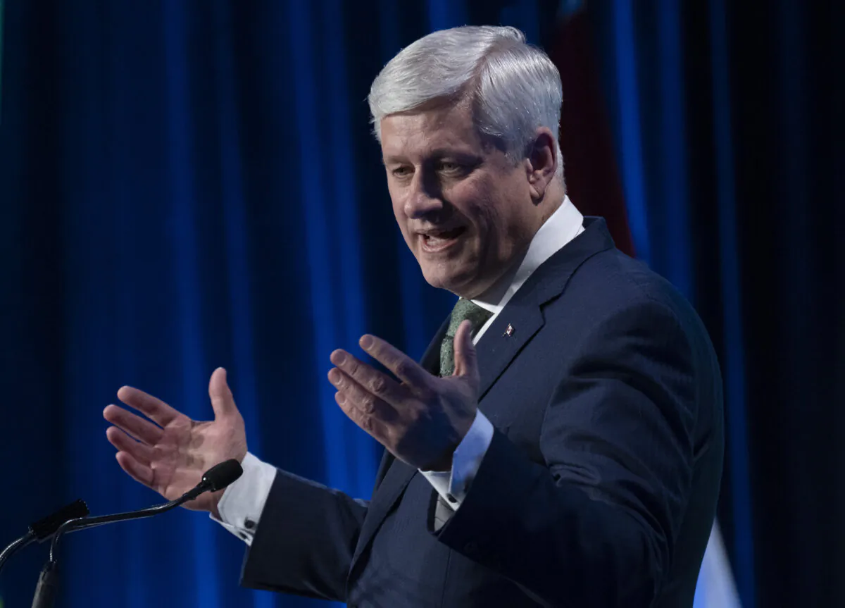 Former Prime Minister Stephen Harper delivers the keynote address at a conference in Ottawa on March 22, 2023. (The Canadian Press/Adrian Wyld)