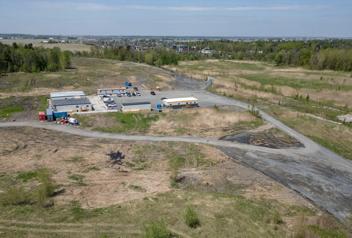 An aerial view of the land being developed by Northvolt, the new EV battery plant being built by the Swedish manufacturer in Saint-Basile-le-Grand, east of Montreal, on May 16, 2024. (The Canadian Press/Christinne Muschi)