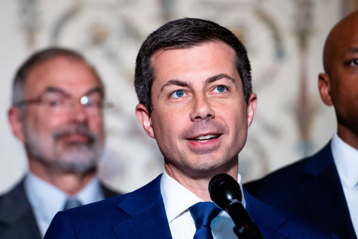 Secretary of Transportation Pete Buttigieg speaks at a press conference after meeting with lawmakers to discuss rebuilding the Francis Scott Key Bridge, at the U.S. Capitol, on April 9, 2024. (Madalina Vasiliu/The Epoch Times)