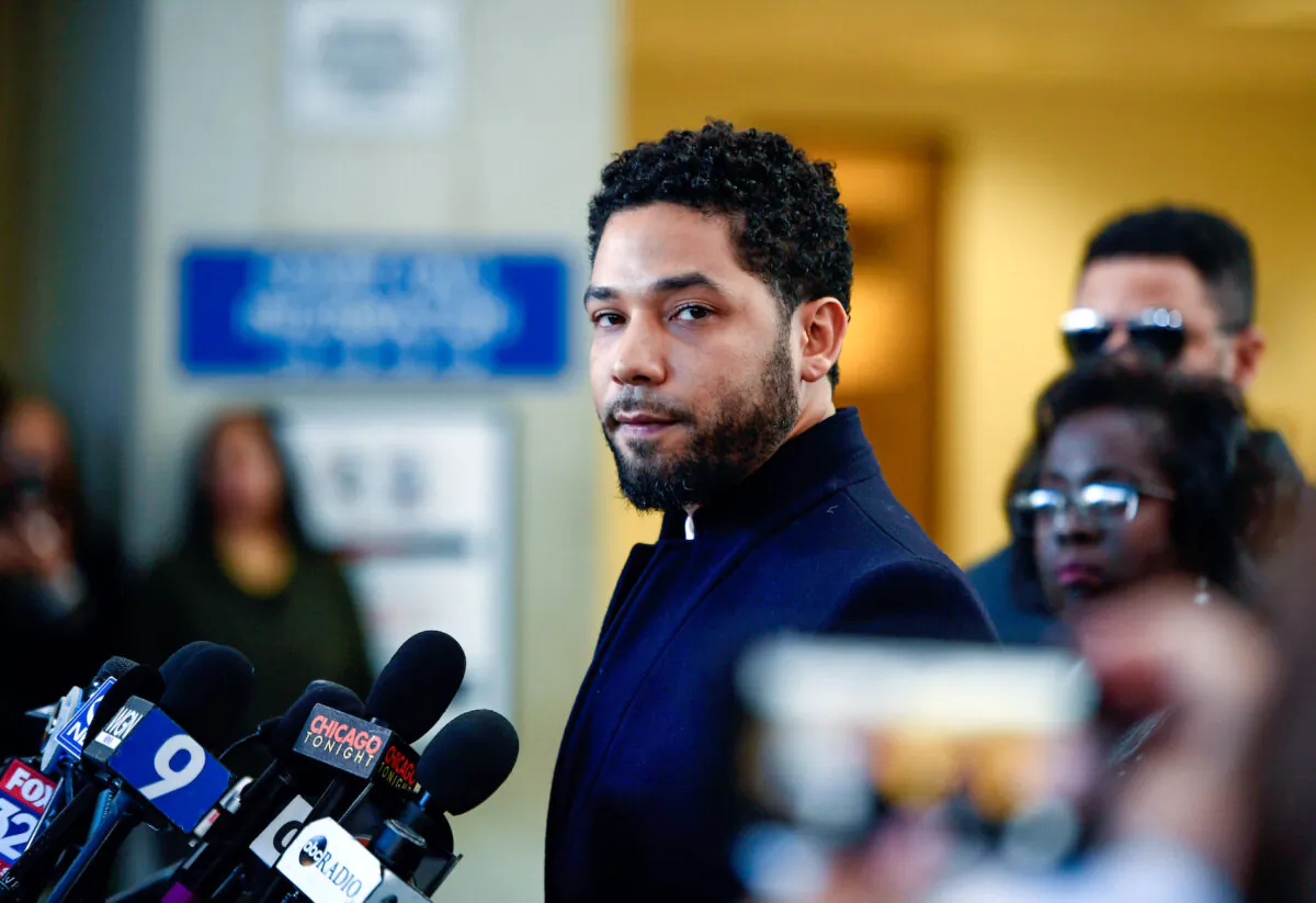 Actor Jussie Smollett talks to the media before leaving Cook County Court after his charges were dropped, in Chicago on March 26, 2019. (Paul Beaty/AP Photo)