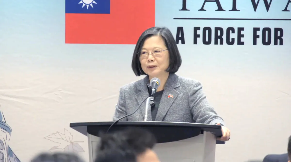 Former Taiwanese President Tsai Ing-wen speaks to an audience at Hilton Hotel in Markham, Ontario, on Nov. 21, 2024. (The Epoch Times)