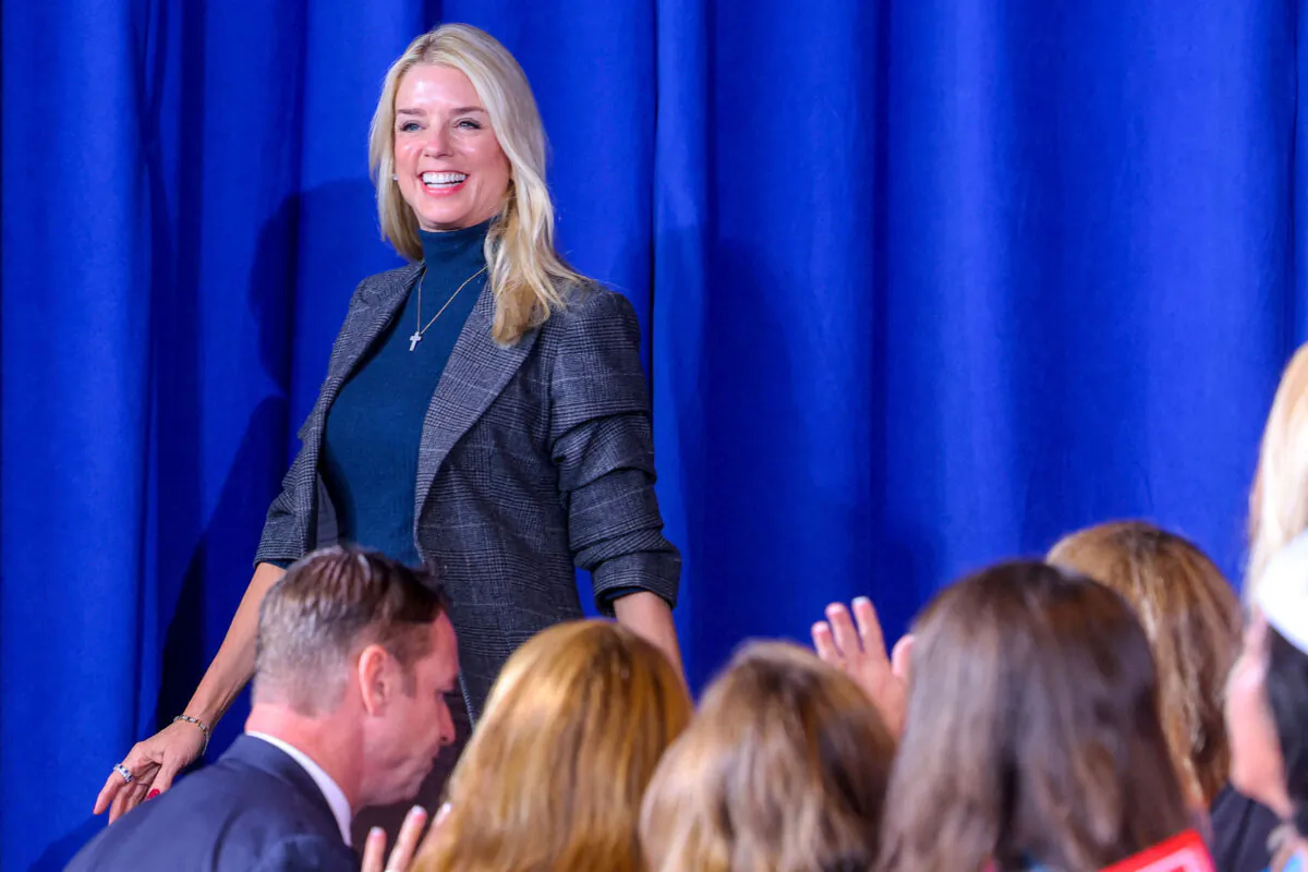 Former Florida Attorney General Pam Bondi takes the stage to speak at a campaign rally with Republican presidential nominee and former President Donald Trump in Gastonia, N.C., on Nov. 2, 2024. (Brian Snyder/Reuters)