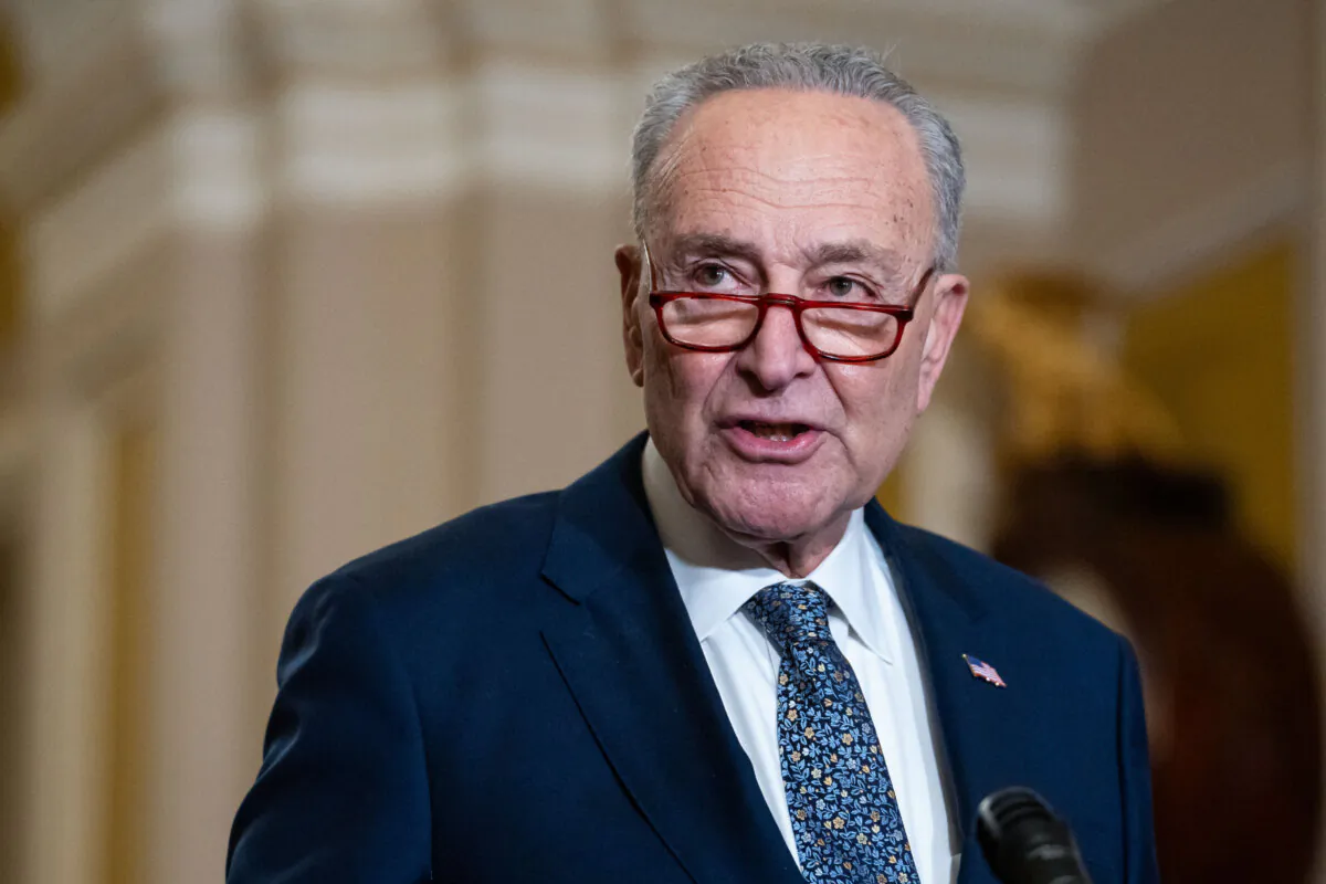 Senate Majority Leader Chuck Schumer (D-N.Y.) speaks to the press after the Senate Republican leadership election in Washington on Nov. 13, 2024. (Madalina Vasiliu/The Epoch Times)