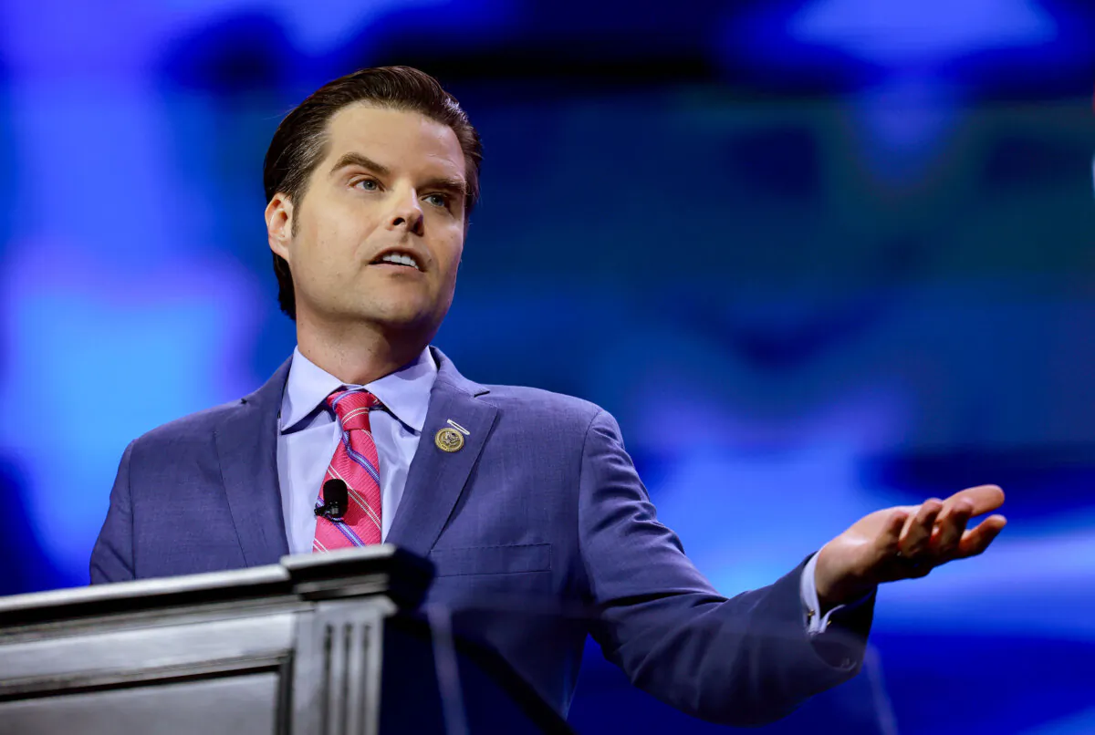 Then-Rep. Matt Gaetz (R-Fla.) speaks during the Turning Point Action conference in West Palm Beach, Fla., on July 15, 2023. (Joe Raedle/Getty Images)