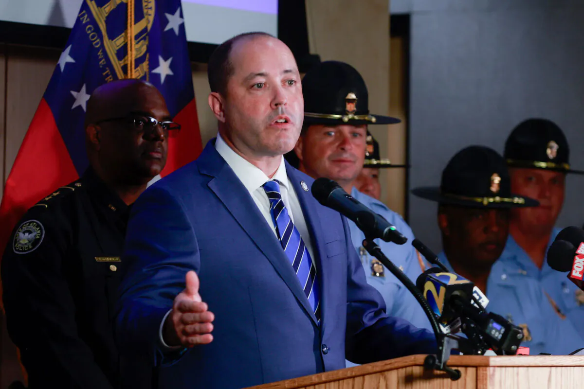 Georgia Attorney General Chris Carr speaks during a news conference to discuss the recent indictment of 61 defendants in Fulton County, at the Georgia Department of Public Safety in Atlanta, on Sept. 5, 2023. (Natrice Miller/Atlanta Journal-Constitution via AP)