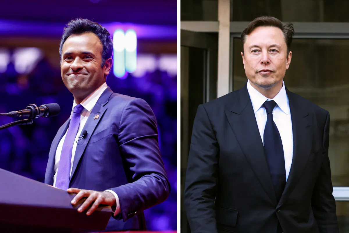 (Left) Vivek Ramaswamy speaks at a Trump rally at Madison Square Garden in New York City on Oct. 27, 2024. (Right) Tesla CEO Elon Musk leaves the Phillip Burton Federal Building in San Francisco on Jan. 24, 2023. (Anna Moneymaker, Justin Sullivan/Getty Images)