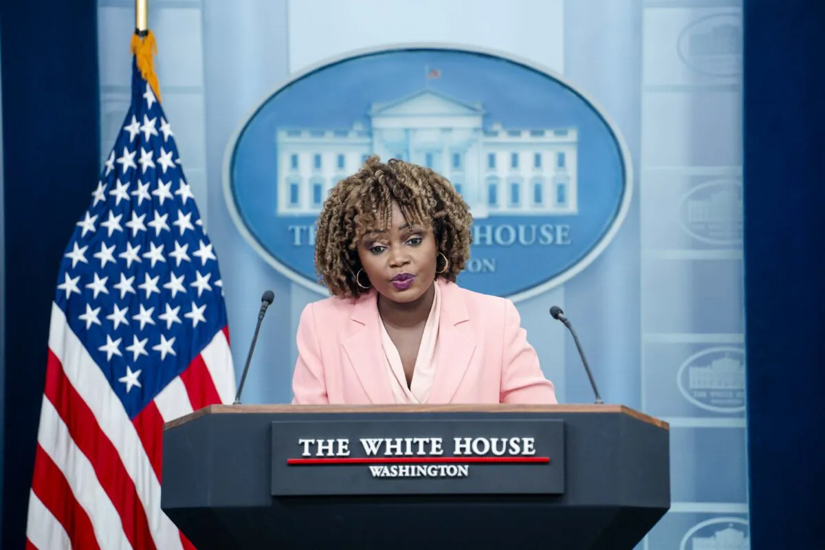 White House press secretary Karine Jean-Pierre speaks during the daily press briefing in the Brady Press Briefing Room of the White House in Washington on Aug. 14, 2024. (Madalina Vasiliu/The Epoch Times)
