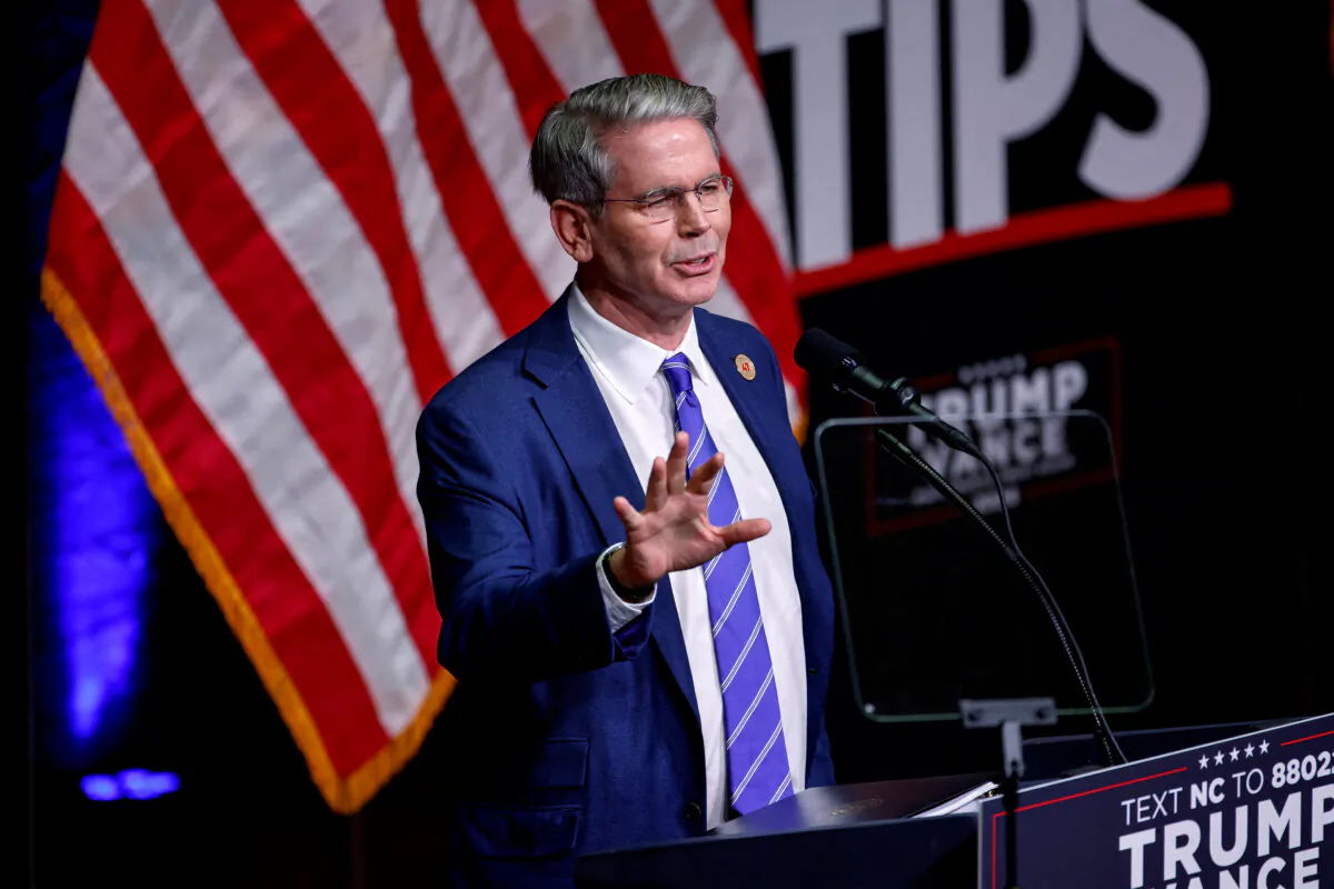 Key Square Group founder Scott Bessent speaks at a campaign event for Republican presidential nominee and former President Donald Trump in Asheville, N.C., on Aug. 14, 2024. (Jonathan Drake/Reuters)
