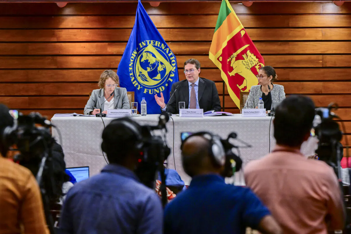 International Monetary Fund Senior Mission Chief for Sri Lanka Peter Breuer (C) speaks during a press conference in Colombo, Sri Lanka, on Nov. 23, 2024. (Ishara Kodikara/AFP via Getty Images)