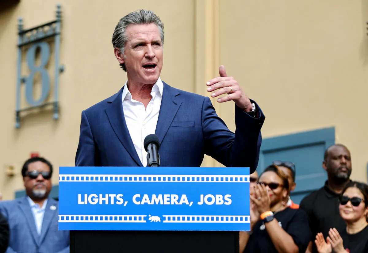 California Gov. Gavin Newsom speaks during a press conference at Raleigh Studios unveiling a vast expansion of California’s Film and Television Credit Program in Los Angeles on Oct. 27, 2024. (Mario Tama/Getty Images)