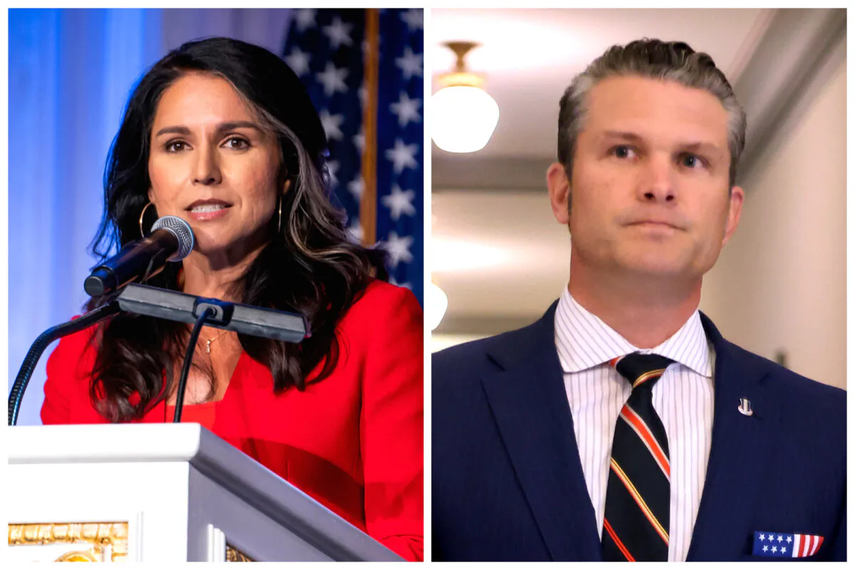 (Left) Former congresswoman Tulsi Gabbard speaks at a 917 Society event at the Mar-a-Lago Club in Palm Beach, Fla., on March 7, 2024. (Right) Pete Hegseth on Capitol Hill on Nov. 21, 2024. (Madalina Vasiliu/The Epoch Times; Chip Somodevilla/Getty Images)