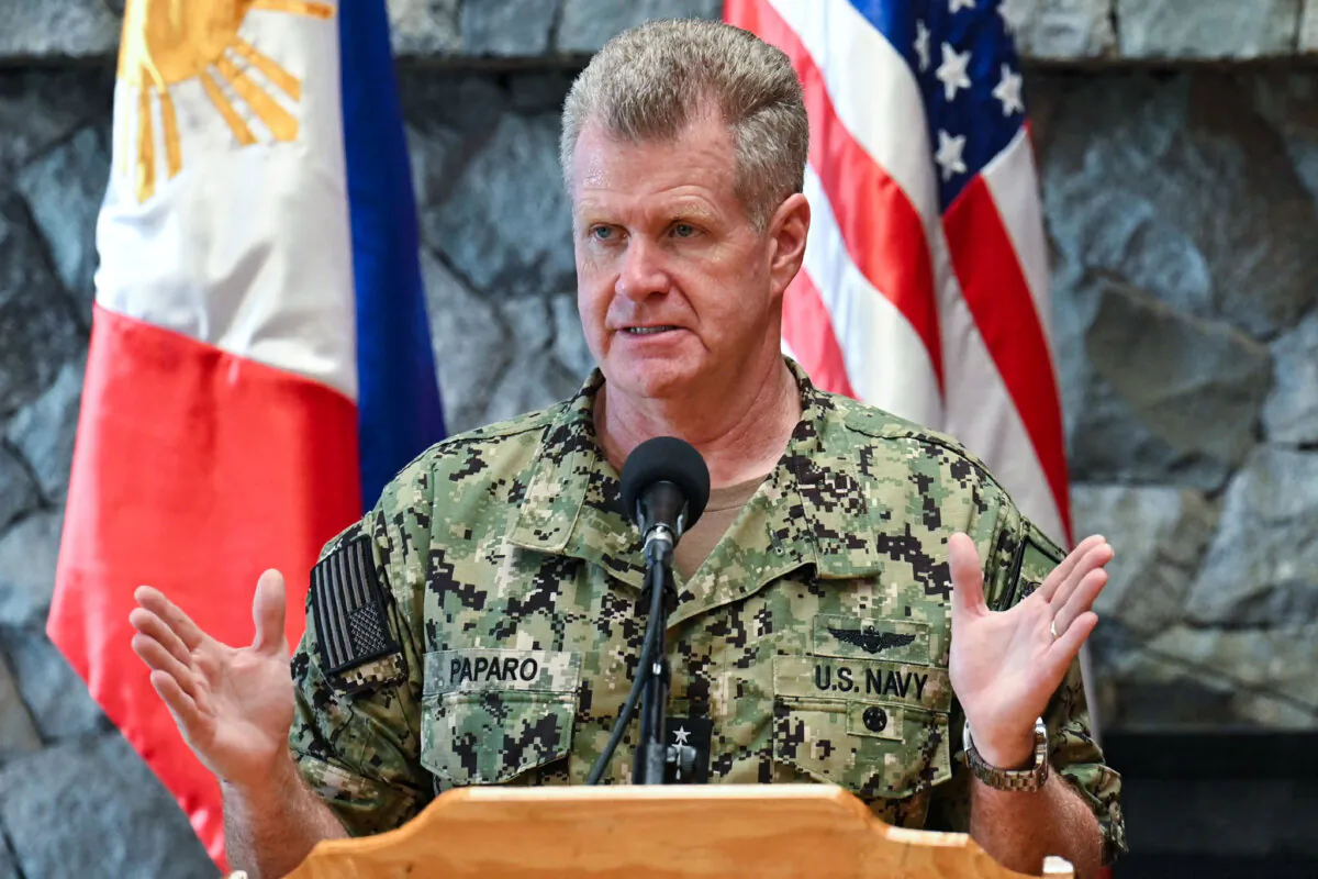 U.S. Indo-Pacific Commander Adm. Samuel Paparo speaks during a joint press conference with Philippines' Military Chief General Romeo Brawner after the Philippines-US Mutual Defense Board meeting at the Philippine Military Academy in Baguio on Aug. 29, 2024. (Ted Aljibe/AFP via Getty Images)