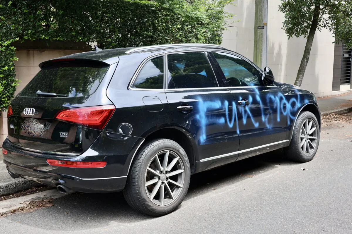 A vandalised car on Wellington Street in Woollahra, Sydney in Australia on Nov. 21, 2024. (AAP Image/Neve Brissenden)