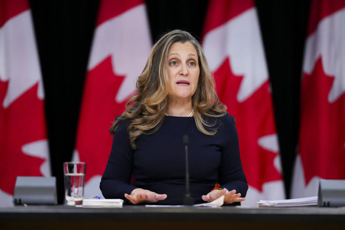 Deputy Prime Minister and Minister of Finance Chrystia Freeland holds a press conference at the National Press Theatre in Ottawa on Nov. 25, 2024. (The Canadian Press/Sean Kilpatrick)