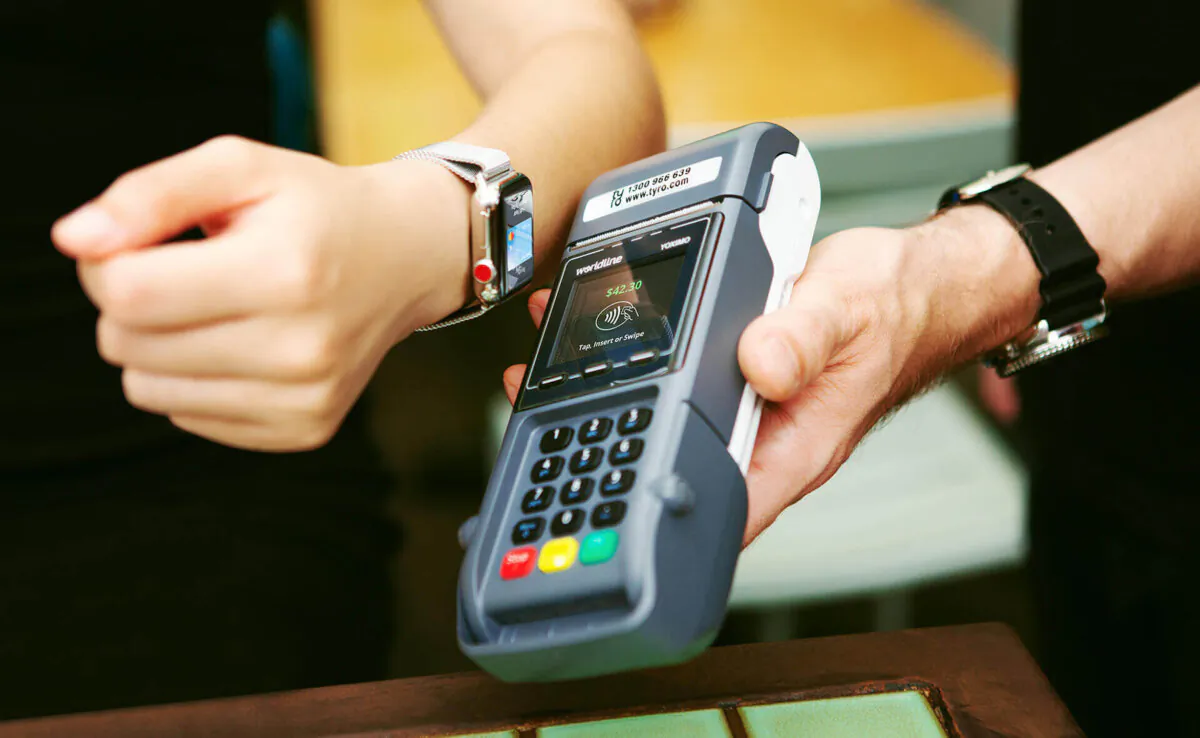 An EFTPOS machine being used with a smart watch. (AAP Image/Supplied by Tyro)